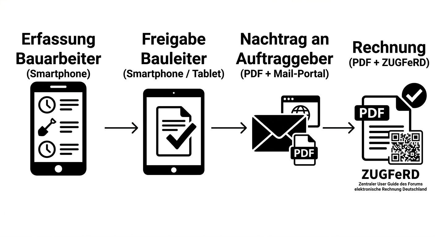 VOBnachtrag Ablauf-Schema: Von der Erfassung auf der Baustelle über die Freigabe bis zur ZUGFeRD-konformen Rechnung